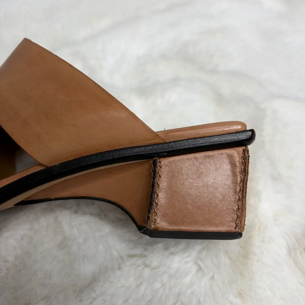 Cole Haan Studio Womens 6.5 B Tan Leather Square Toe Block Heel Slide Sandals